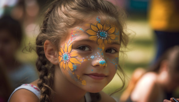 cute caucasian girls smiling, enjoying summer party with face paint generated by ai