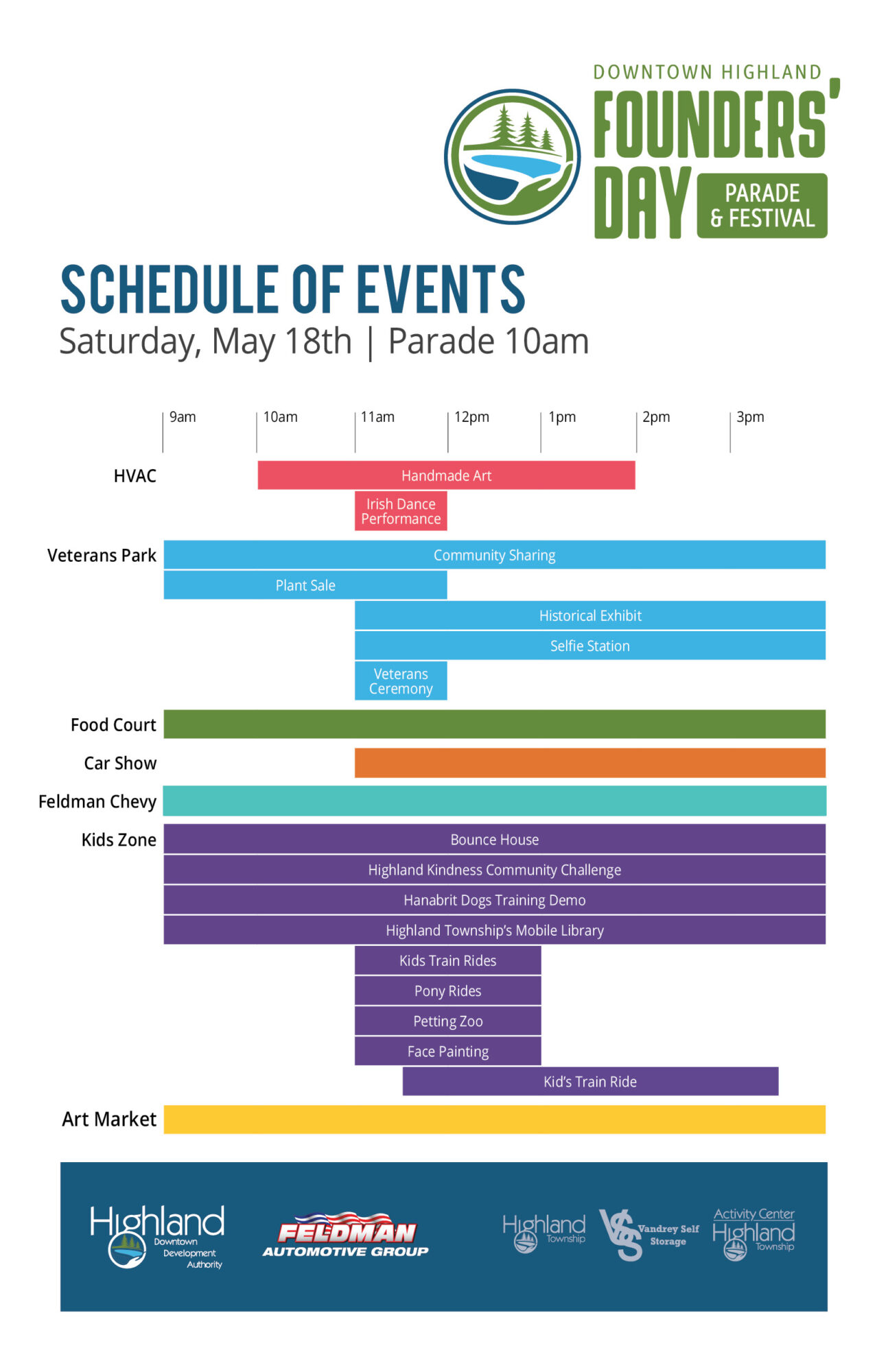 Downtown Highland Founders&#039; Day event schedule, May 18th.