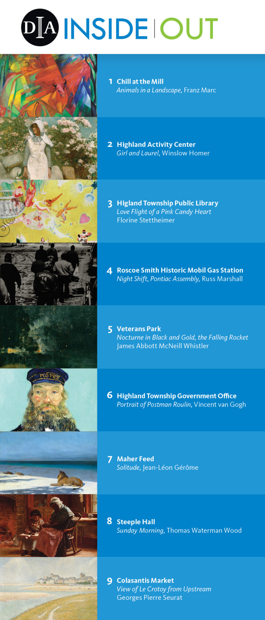 DIA Inside|Out art exhibition locations and featured artworks.