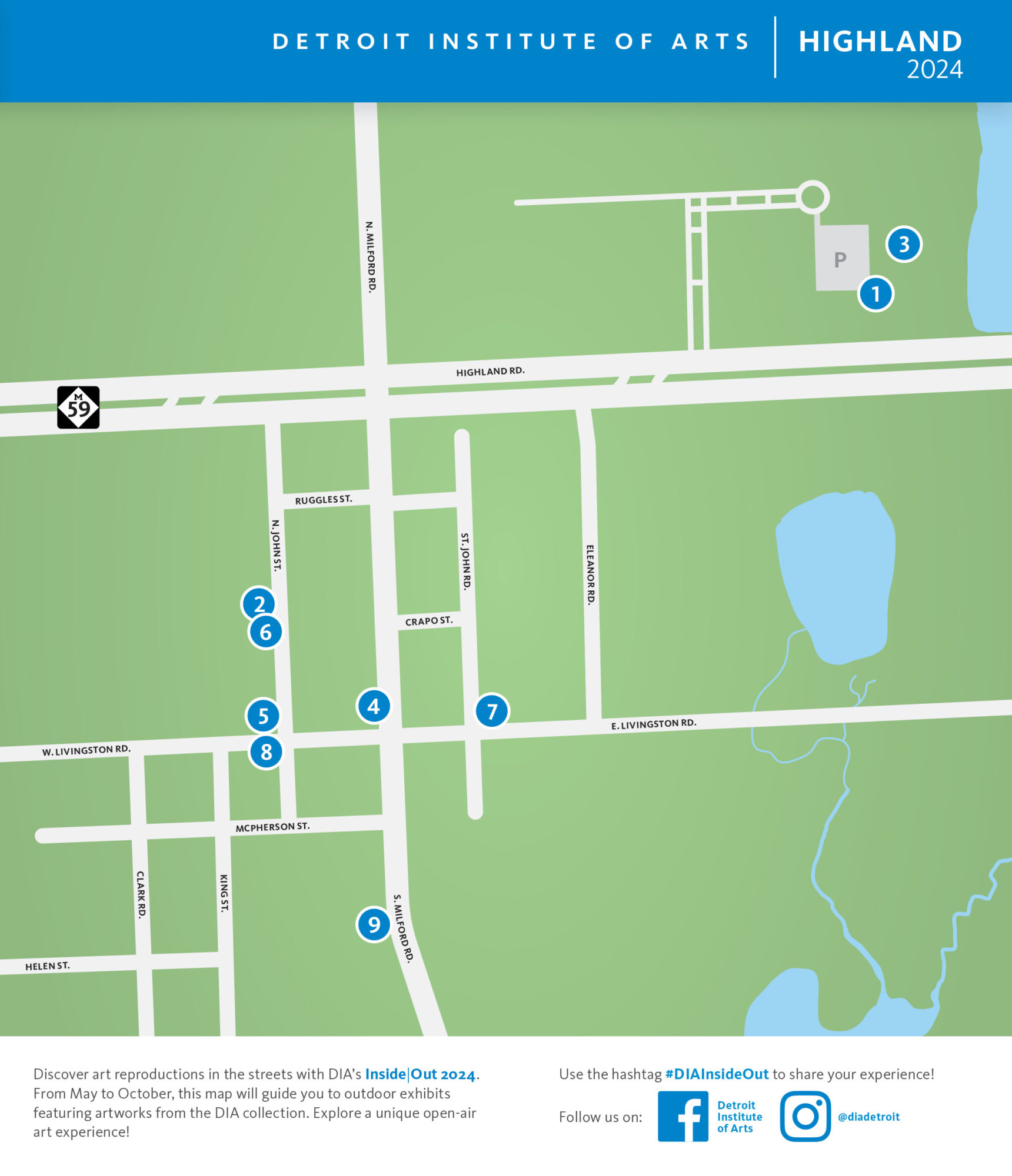 Map of Detroit Institute of Arts outdoor exhibits in Highland.