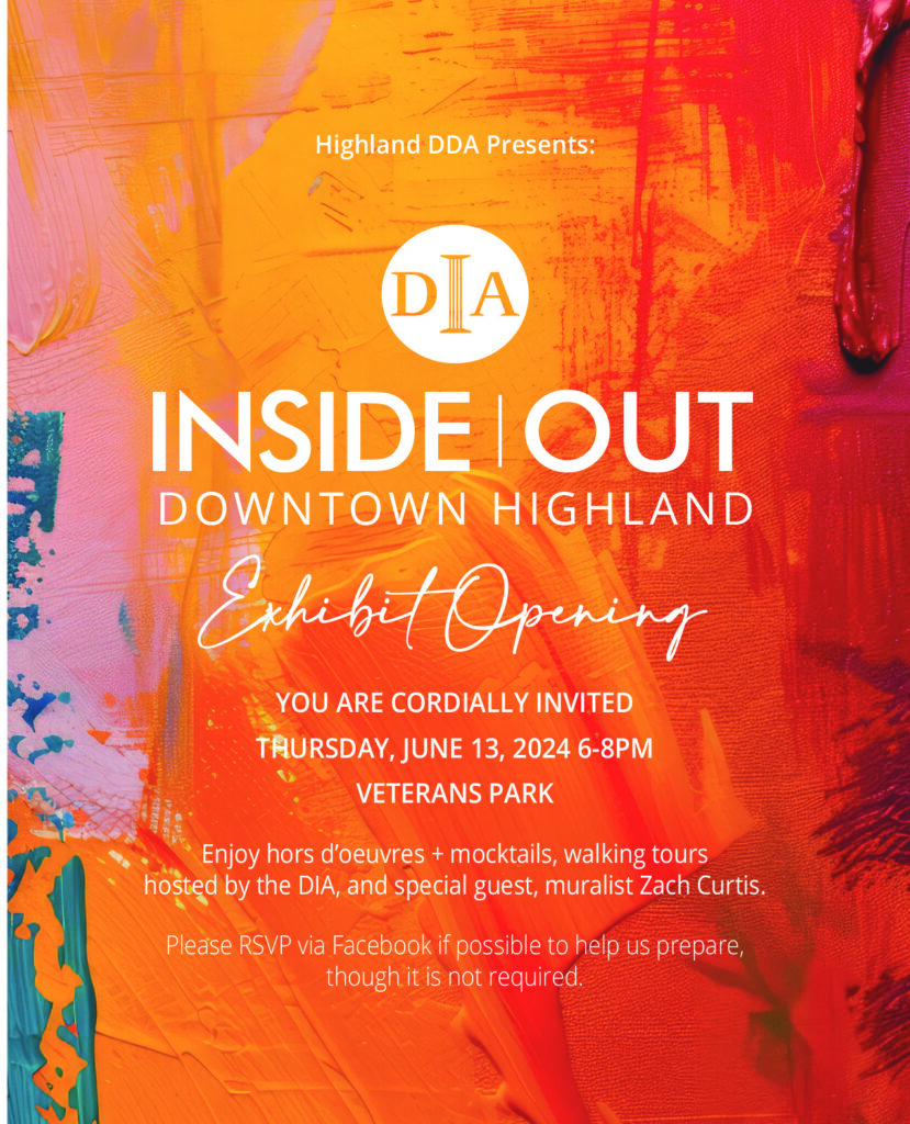 invitation Downtown Highland exhibit opening, June 13, 2024, Veterans Park.