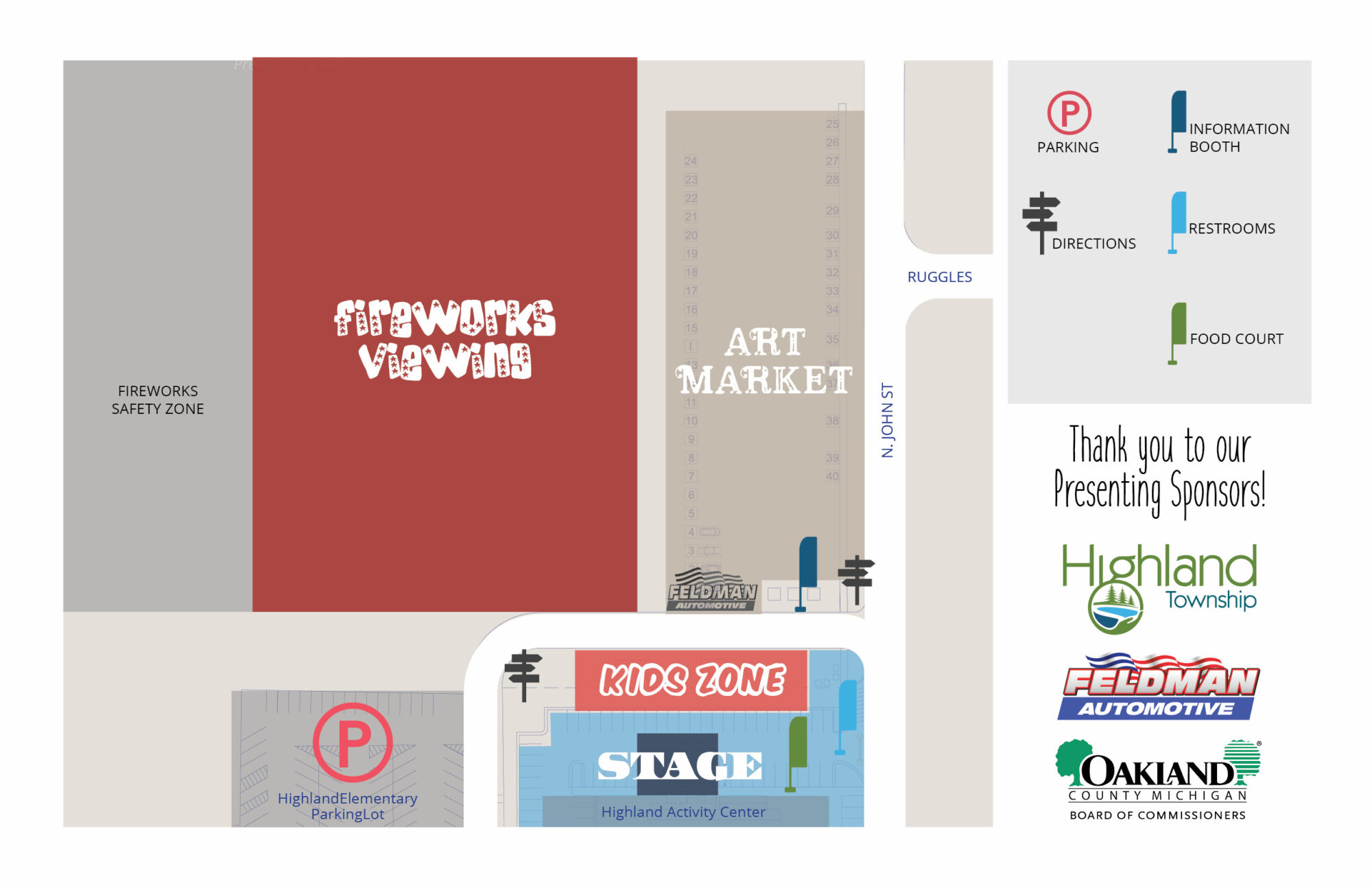 map2 Festival map with fireworks, market, kids zone, sponsors.