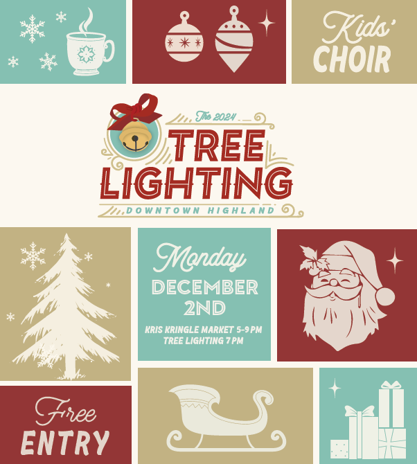 cropped dec tree lighting 2024 Downtown Highland tree lighting event December 2nd.