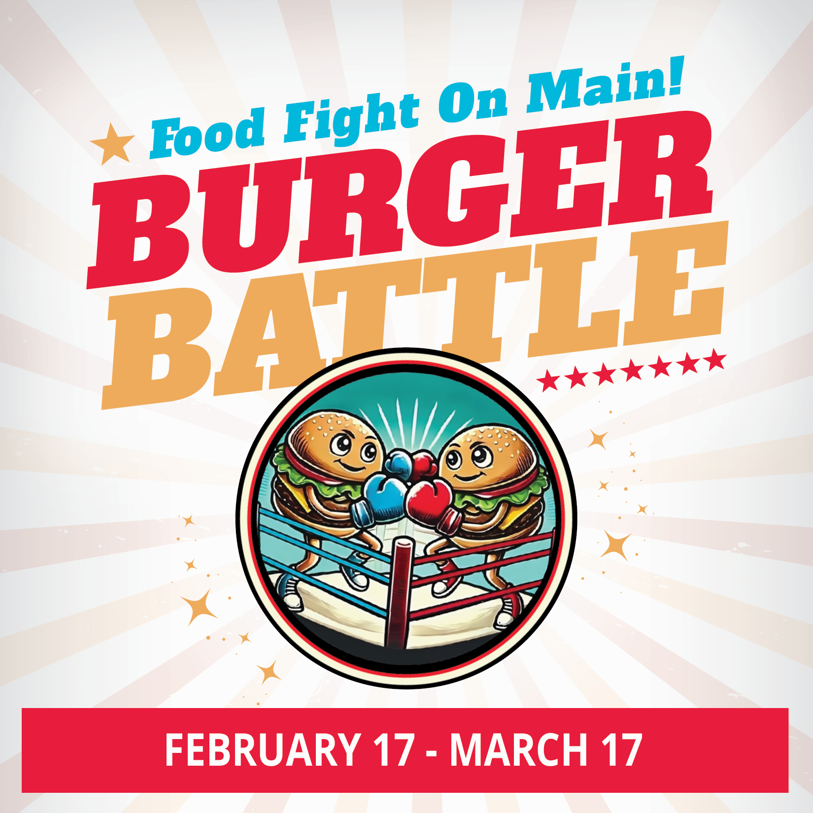 Burger Battle event poster with boxing burgers.
