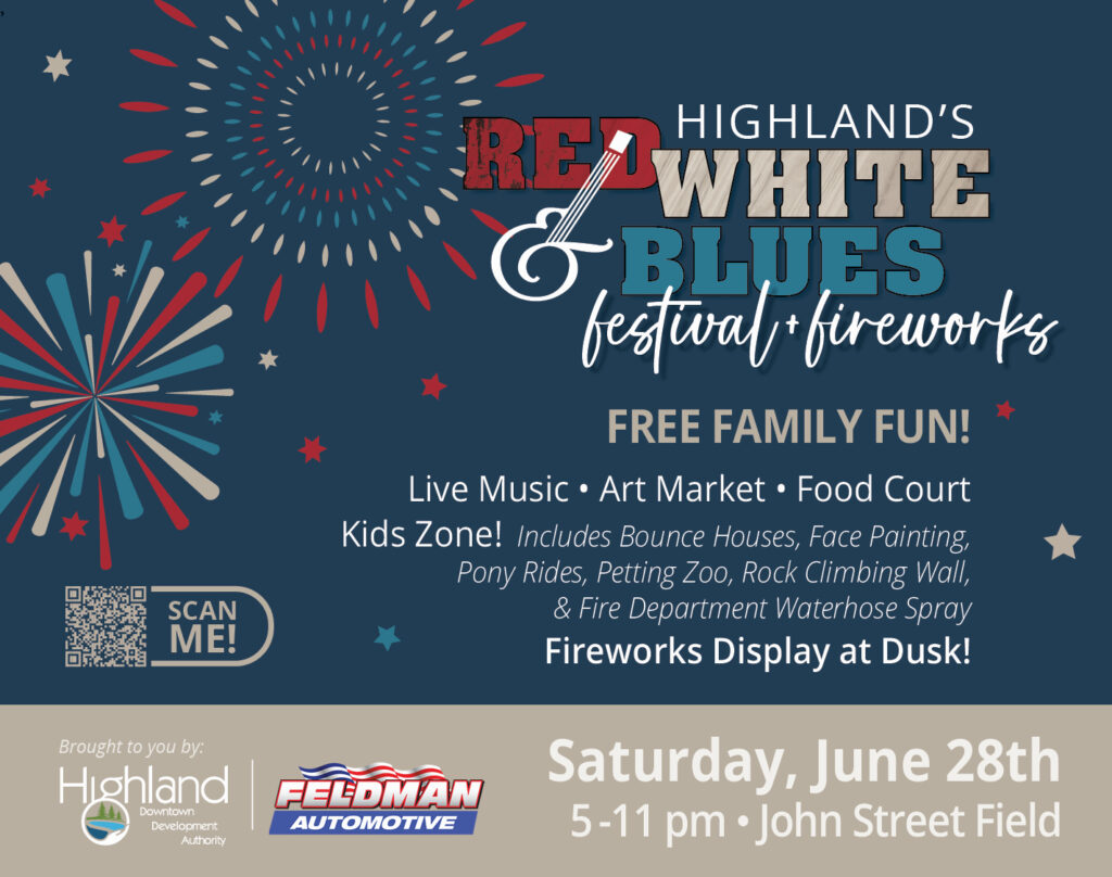 rwb rev Highland festival with music, art, food, and fireworks.