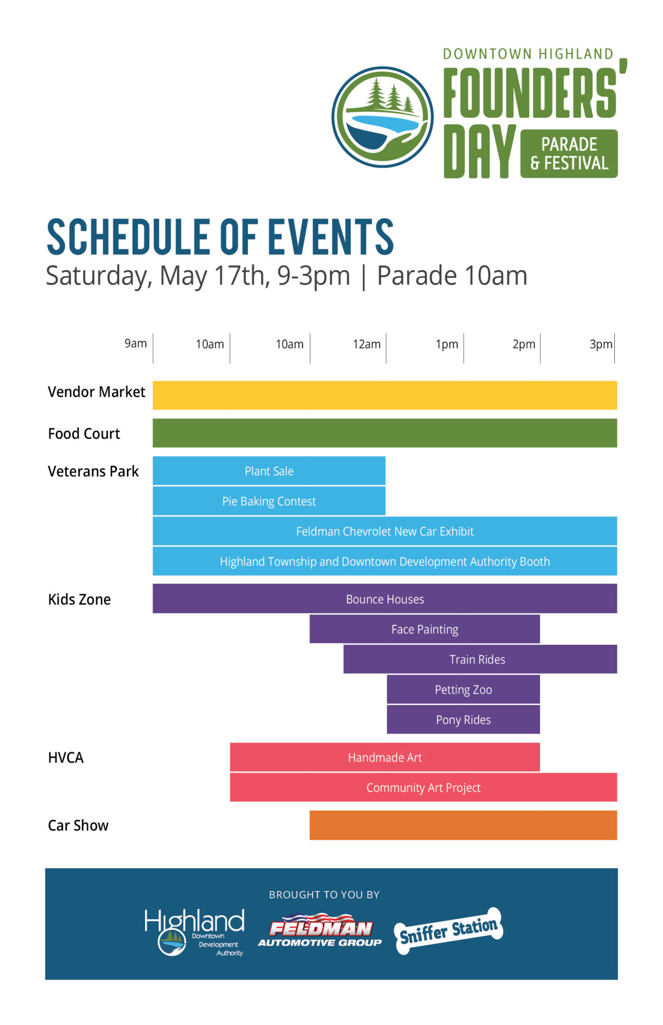 map Founders' Day events schedule, May 17th, 9am-3pm.