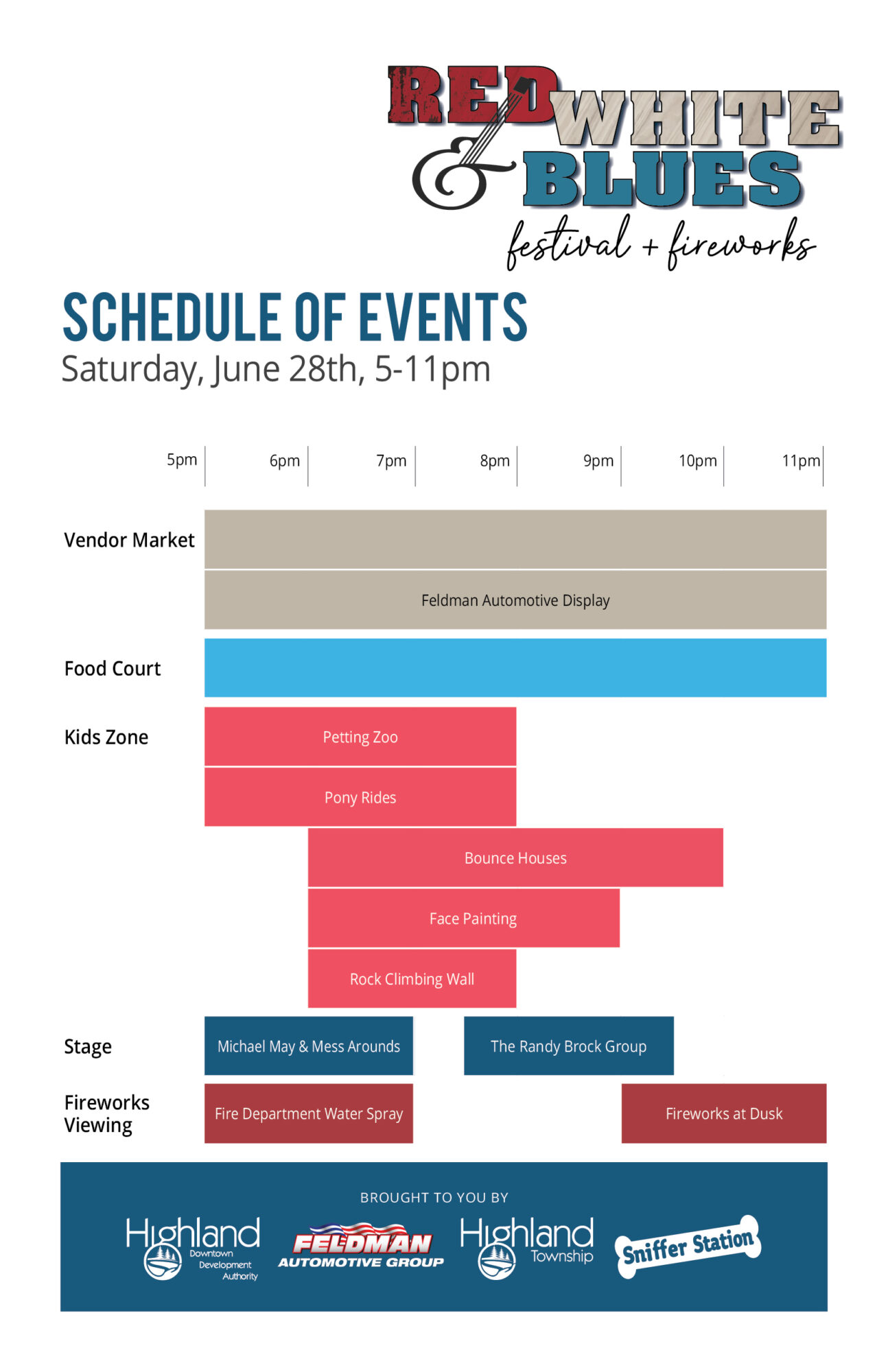 Red White & Blues festival schedule, June 28, 5-11pm.