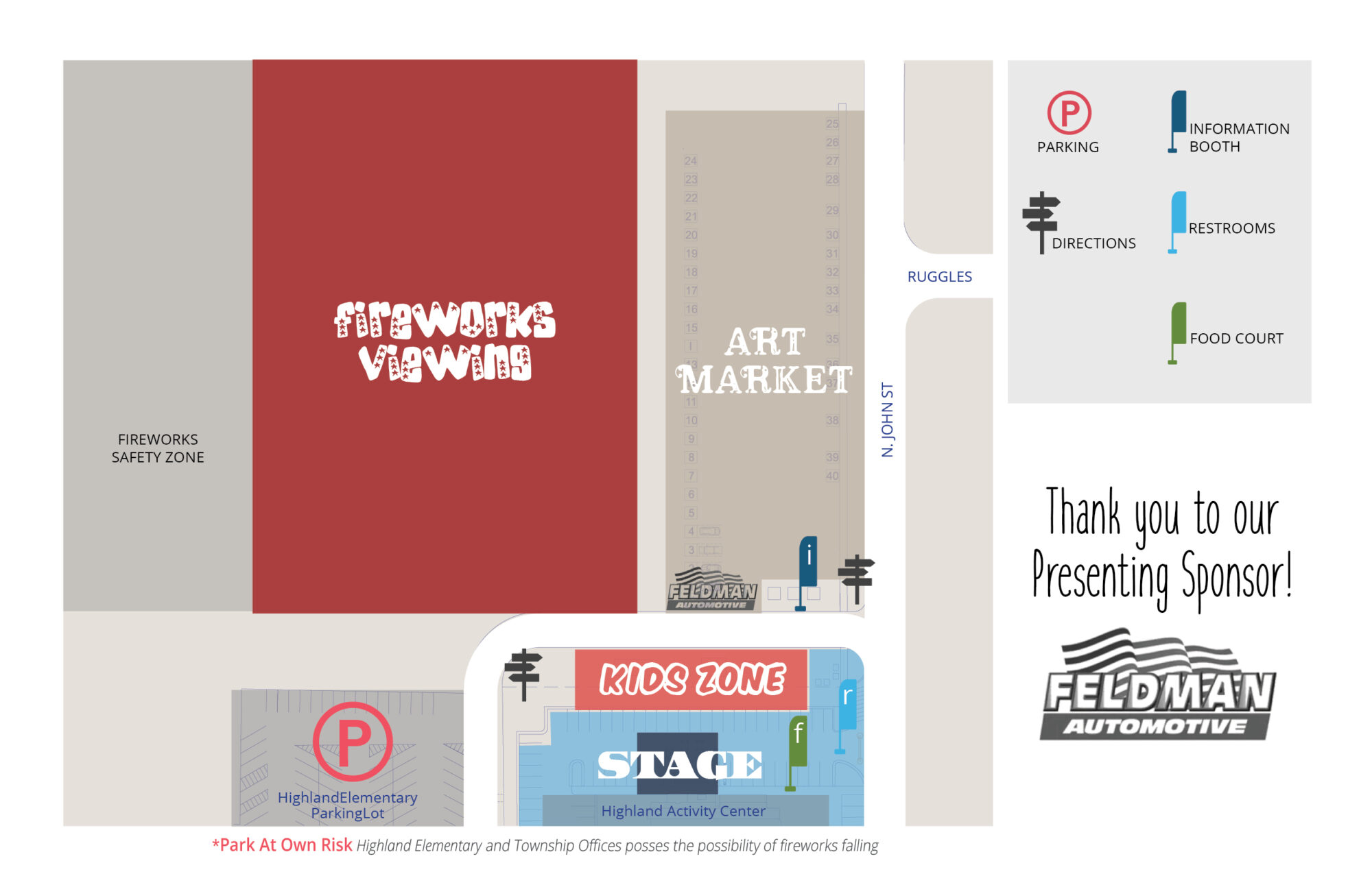 Event map: fireworks, art market, kids zone, sponsor.