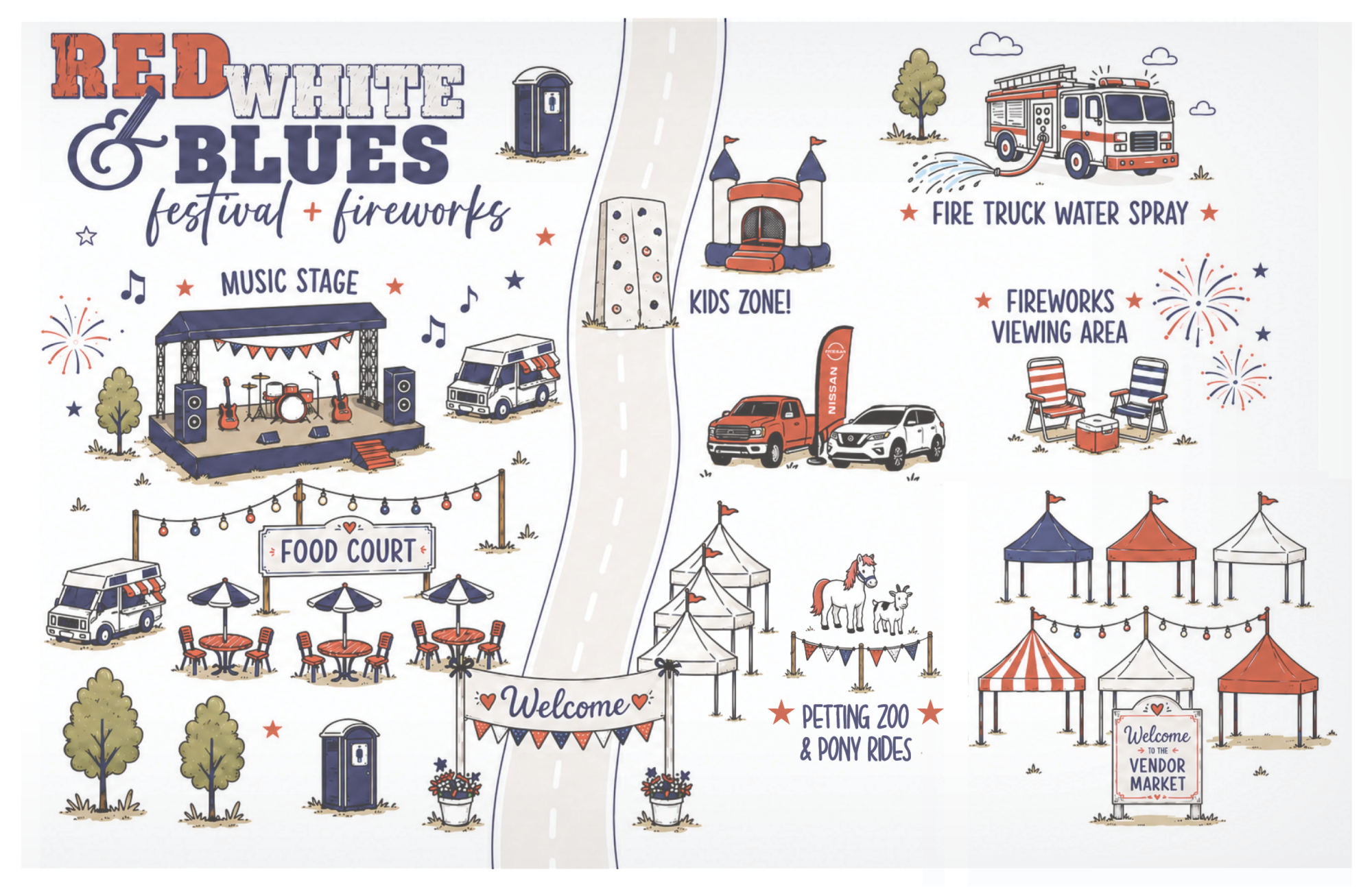 Illustrated map of Red White & Blues festival
