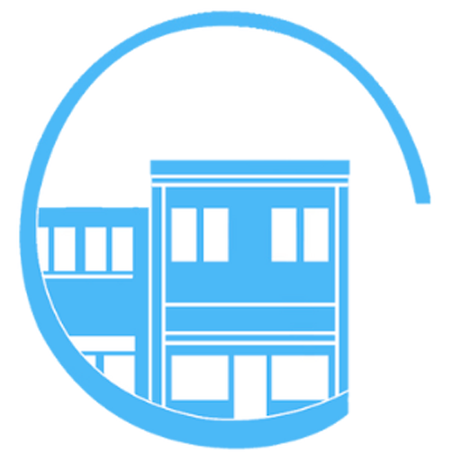 Blue storefront building icon inside a circular outline